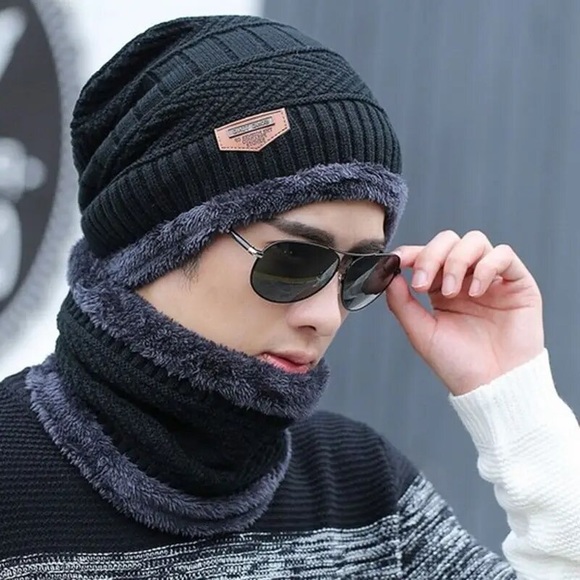 2 pieces winter hats scarf beanie unisex women’s and men color black - Picture 2 of 8